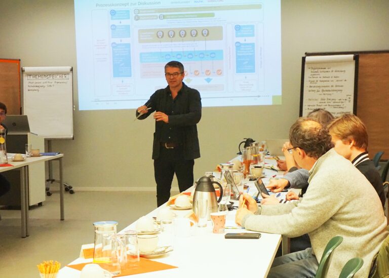 Ein Referent erklärt ein Prozesskonzept vor einer Gruppe von Zuhörern in einem Konferenzraum.