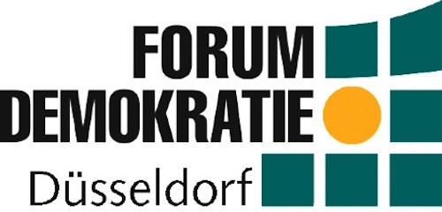 Logo des Forum Demokratie Düsseldorf mit grünen und orangefarbenen Elementen.
