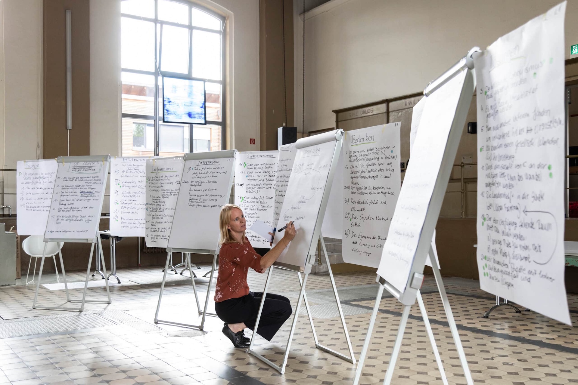 Eine Frau schreibt auf einem Flipchart in einem Raum mit mehreren Flipcharts und gro&szlig;en Fenstern.