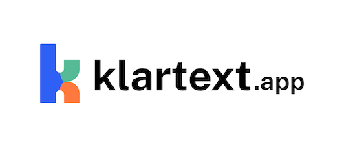 Logo der Website klartext.app mit den Buchstaben "k" und "klartext" in verschiedenen Farben.