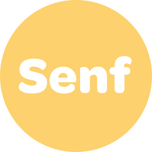 Runder, gelber Hintergrund mit dem Wort "Senf" in großer, weißer Schrift.
